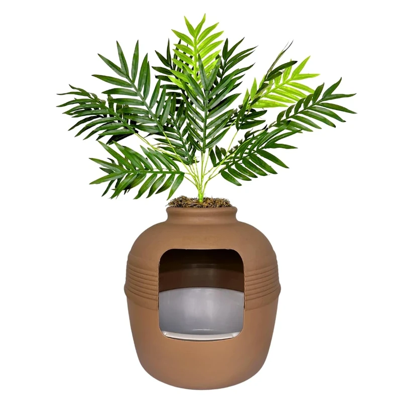 Good Pet Stuff Hidden Cat Litter Box Enclosure with Artificial Plant, Decorative Round Planter, Removable Tray, Charcoal Filter Odor Control, Easy-to-Clean, Made in USA, Essentials Kit, Brown