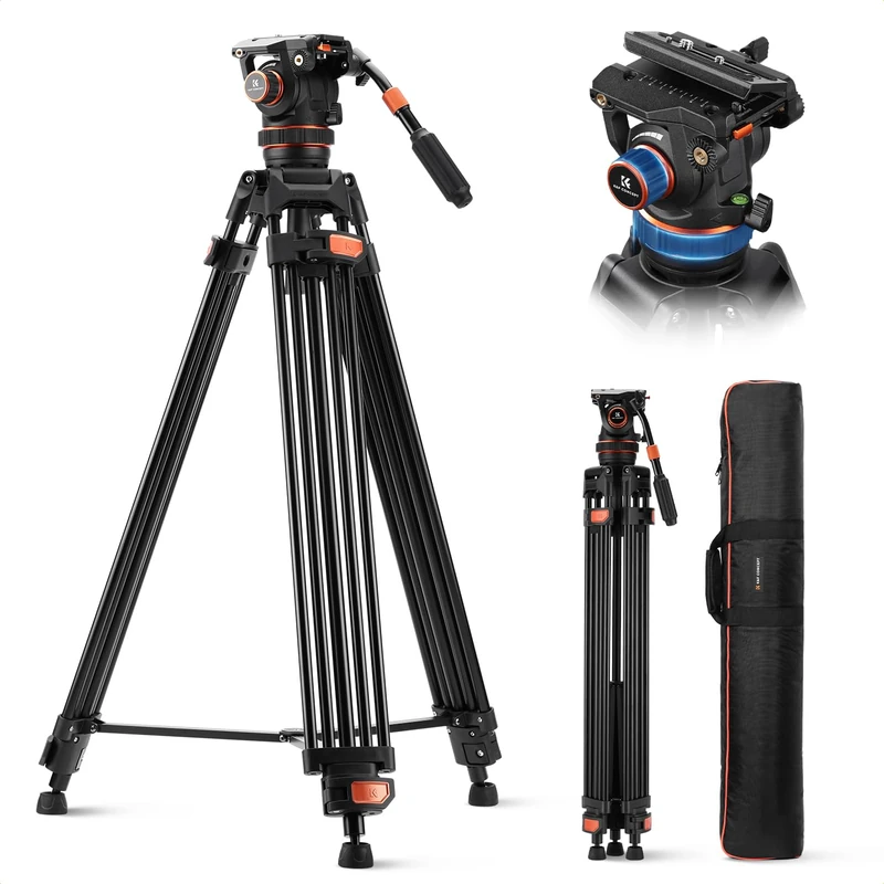 K&F CONCEPT 75"/191cm Video Tripod, Heavy Duty Camera Tripod with Fluid Head Damping Adjustable, Load up to 22lb/10kg, QR Plate Compatible with Canon Nikon Sony and Other DSLR Camcorder