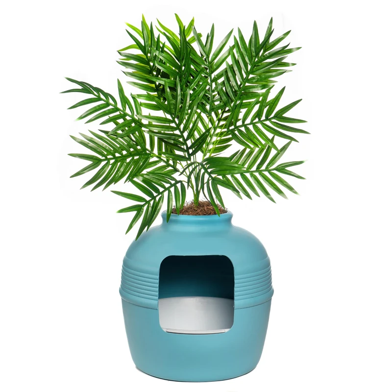 Good Pet Stuff Hidden Cat Litter Box Enclosure with Artificial Plant, Decorative Round Planter, Removable Tray, Charcoal Filter Odor Control, Easy-to-Clean, Made in USA, Essentials Kit, Blue