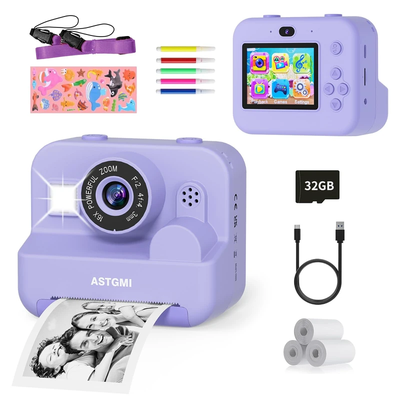 ASTGMI Instant Camera, 2.4 Inch Screen Children's Camera with Printing Paper and 32GB Card, Selfie and Video Mode, Toy Gift for Boys Girls Age 3-14 (Purple) - Image 1