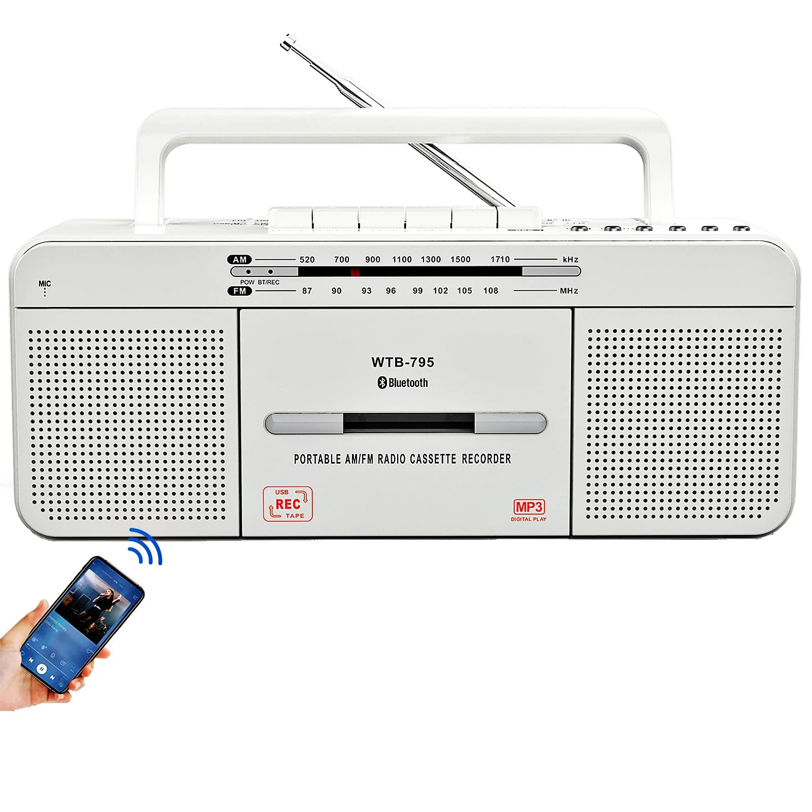 Vintage Cassette Player Recorder, Portable Tape Player with USB/Bluetooth/AM/FM Radio Stereo, Built-in Microphone Recorder,Cassette to MP3 Converter,Big Speaker,Earphone Jack,Retro Cassette Recorder