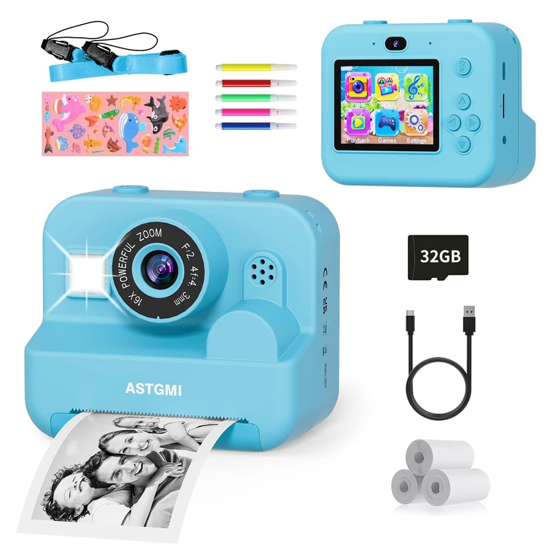 ASTGMI Instant Camera, 2.4 Inch Screen Children's Camera with Printing Paper and 32GB Card, Selfie and Video Mode, Toy Gift for Boys Girls 3-14 Years Old (Blue) - Image 1