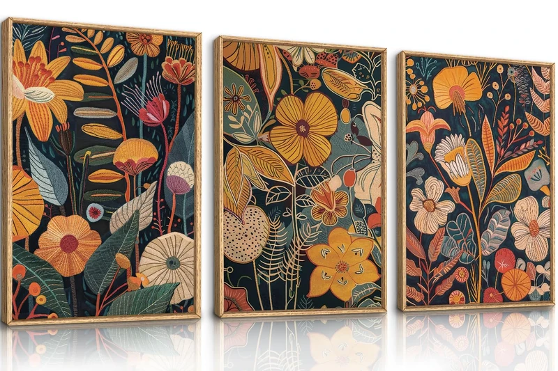 FWIEXA Burnt Orange Floral Framed Wall Art Set of 3, Large Mid Century Modern Flower Canvas Wall Prints, Boho Botanical Wall Decor, 24x36 Inches Neutral Plant Painting for Living Room, Bedroom, Office