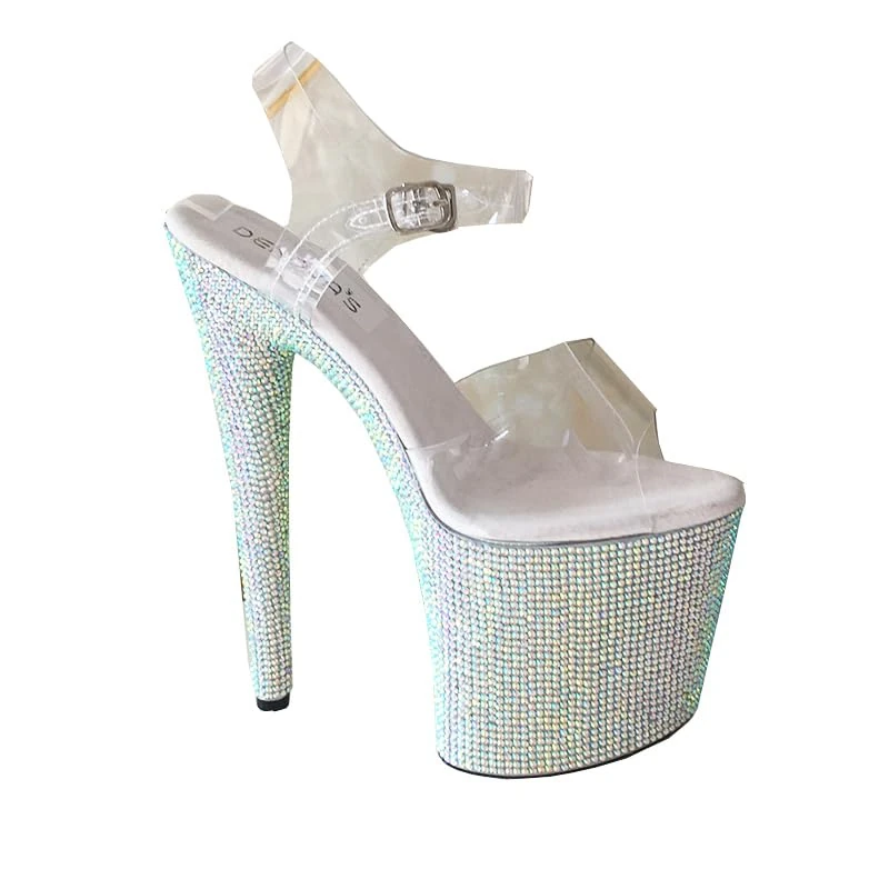 denova's Womens Clear High Heel Plus Size Platform Bar Dance Ankle Strap Stiletto Sandals, Diamond Clear 5, 8.5 UK