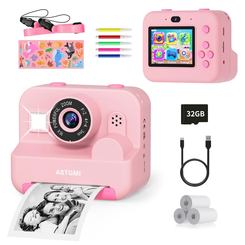 ASTGMI ASTGMI Children's Instant Camera, 2.4 Inch 1080P Children's Selfie Camera with Printing Paper and 32GB Card - Image 1