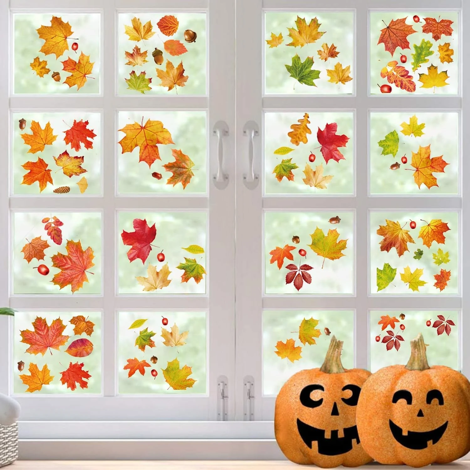 Autumn Window Stickers,6 Sheets Autumn Home Decor Reusable Autumn Leaves Window Clings,Double-Sided Print Decals for Glass Living Room Windows Display Home Décor Thanksgiving Fall Maple Decorations