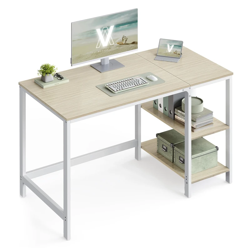 VASAGLE Computer Desk, Office Desk, 120 x 60 x 76 cm, Modern Style, for Study, Bedroom, Living Room, Natural Beige and Pearl White LWD047N02