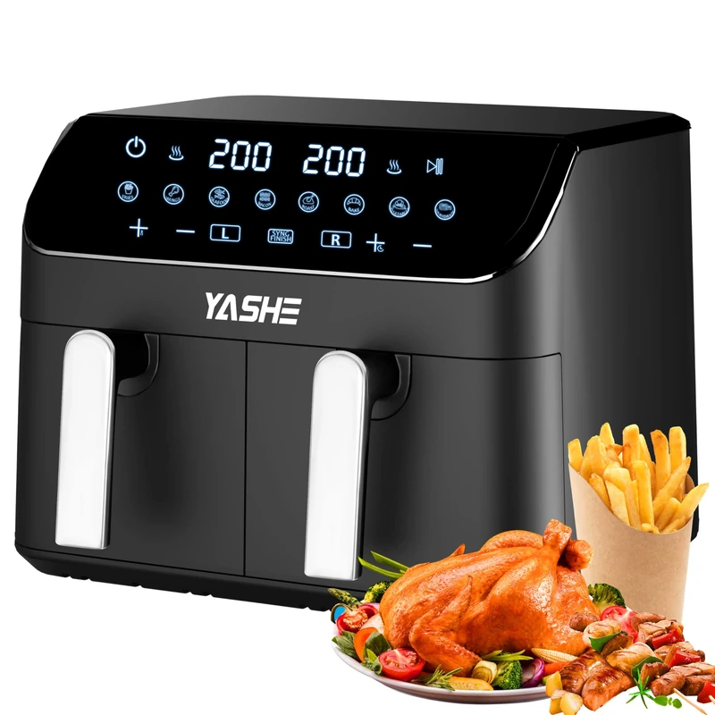 9L Dual Air Fryer with 2 Independent 4.5L Drawers, 8-in-1 Presets, Smart Sync Finish, 3D Rapid Air Circulation, Digital Touch Screen, Adjustable Temp & Time, Dishwasher Safe, Oil-Free Healthy Cooking