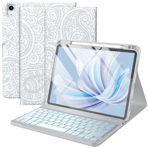 Vobafe iPad Air 5th 4th Generation Case with Keyboard 10.9 Inch, Slim Smart Folio Keyboard Cover with Pencil Holder, Detachable Backlit Wireless Keyboard, Light Grey