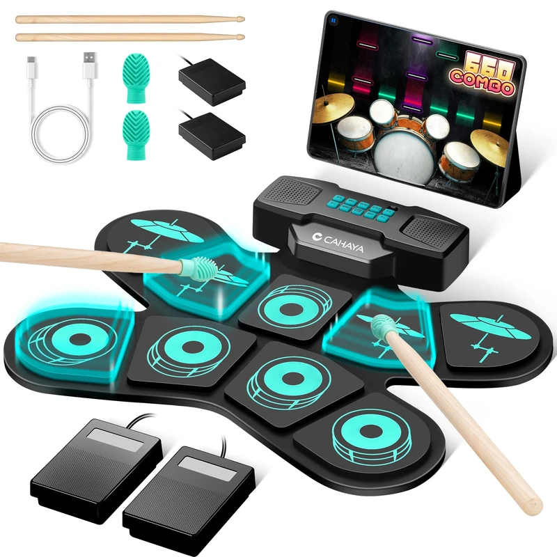 CAHAYA Electronic Drum Pad Set: 9-Portable Electric Roll Up Practice Pads with Built-in Speaker, Drumsticks, Foot Pedals Blue