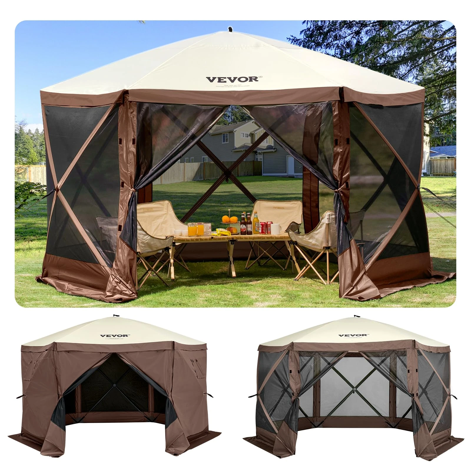VEVOR Pop Up Gazebo Tent, Pop-Up Screen Tent 6 Sided Canopy Sun Shelter with 6 Removable Privacy Wind Cloths & Mesh Windows, 11.5x11.5FT Quick Set Screen Tent with Mosquito Netting, Brown