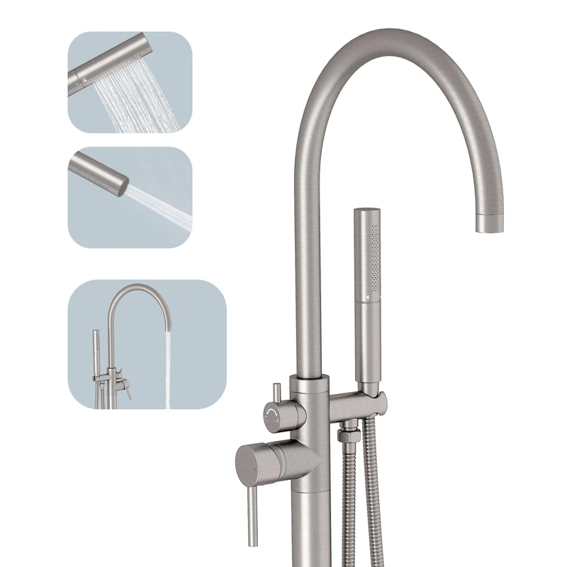 BESy Freestanding Bathtub Faucet Tub Filler Free Standing Floor Mount Stand Brass Bathroom Tub Faucets Sets with 2 Function Hand Sprayer Shower Wand Swivel Spout, Brushed Nickel Finish