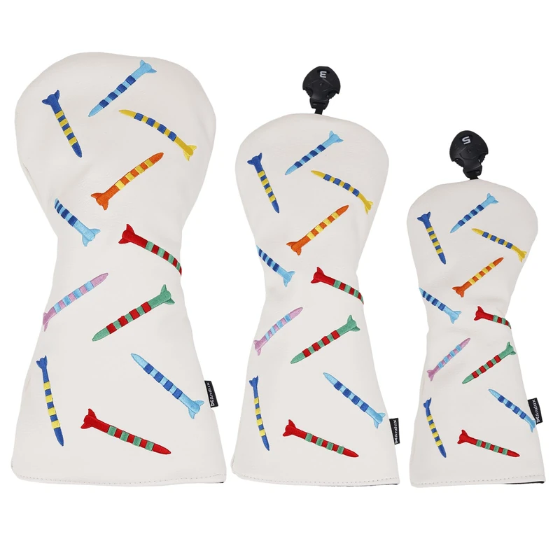 Andux PU Striped Tees Pattern 3Pack/set Golf 460cc Driver Fairway Woods Club Head Covers (White)