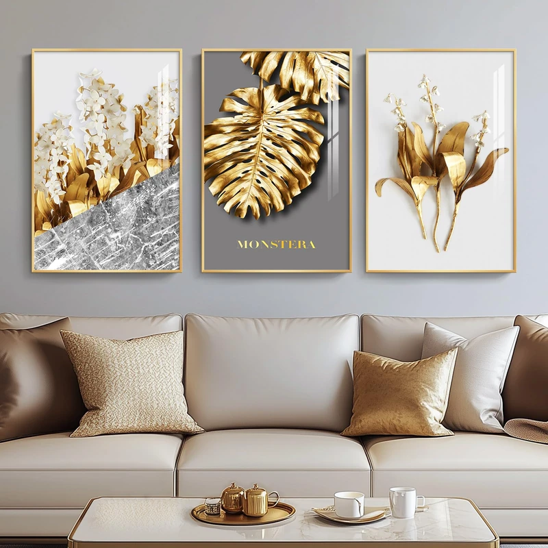 Framed Modern Luxury Gold Wall Art, Set of 3 Piece Contemporary Paintings Artwork for Walls, Golden Leaf Prints with Gold Frame, Pictures for Living Room, Hallway, Bedroom, Office Wall Decor 16x24 - Image 1