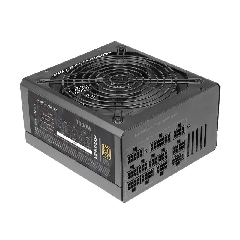 Mars Gaming MPB1000P, Modular ATX 3.1 Power Supply 1000W, 10 Years Warranty, 80Plus Gold, 140mm AI-RPM Fan, Japanese Capacitors, PCIe 5.1 and APFC Support, DC-DC and SMD Technology, Black