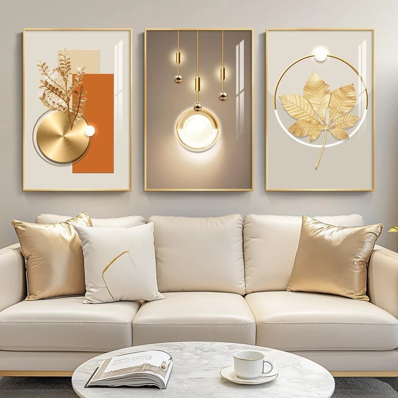 Framed Modern Luxury Gold Wall Art for Living Room, Set of 3 Piece Contemporary Paintings Artwork for Walls, Golden Prints Pictures with Gold Frame, Wall Decor for Home Office - Total 30" x 60"