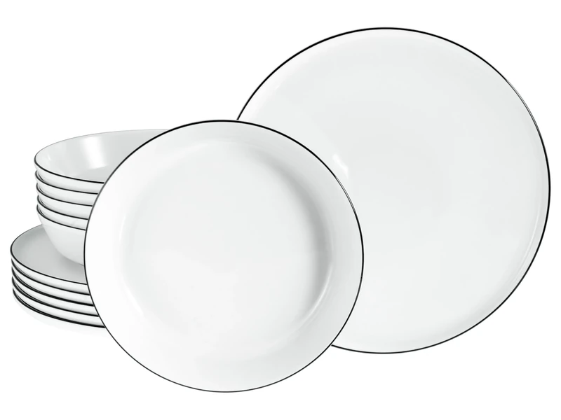 CreaTable, 21966, Series Chef Collection Black Line, 12-Piece Set for 6 Persons, Tafelservice aus Porzellan, spülmaschinen- und mikrowellengeeignet, Made in Europe