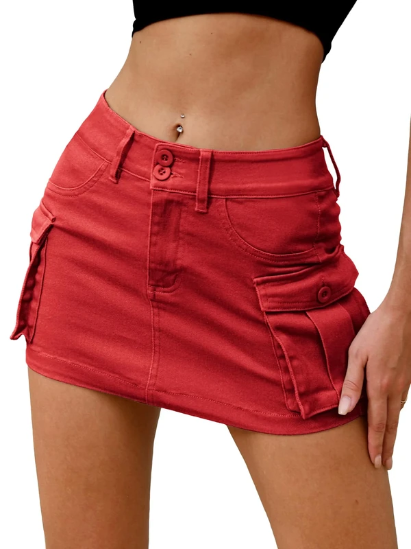 ELLEVEN High Stretchy Denim Cargo Skort for Women, High Waist, Casual Mini Y2K Jean Skirt Shorts with Pockets, Red, XL