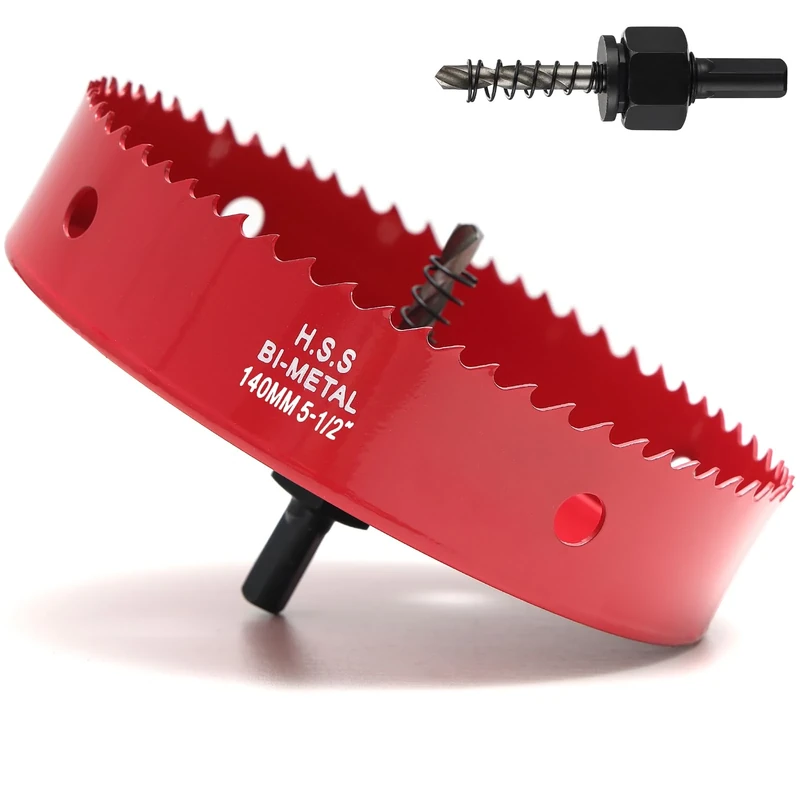 140mm Hole Saw, HSS Bi-Metal Hole Cutter with Drill Bit, Heavy Duty Hole Saw for Wood, Plastic, Drywall, Fiberglass, Red