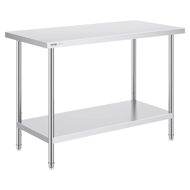 VEVOR Stainless Steel Prep Table, 24 x 48 x 34 Inch, Heavy Duty Metal Worktable with 3 Adjustable Height Levels, Commercial Workstation for Kitchen Garage Restaurant Backyard - Image 1