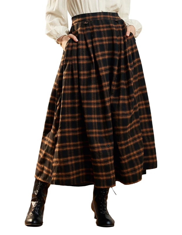 Scarlet Darkness Plaid Skirts for Women High Waist Long Skirt with Pockets, Orange Plaid, S