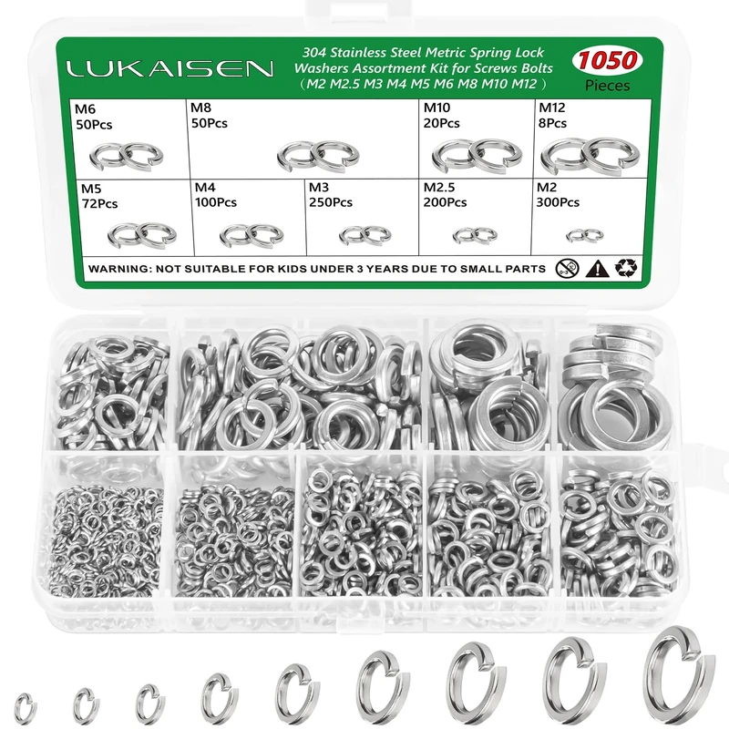 Washers 1050 PCS, Lukaisen Flat Penny Washer, Stainless Steel Metric Spring Lock Washers for Screws & Bolts with 9 Sizes M2 M2.5 M3 M4 M5 M6 M8 M10 M12, Flat Metal Washer Assorted