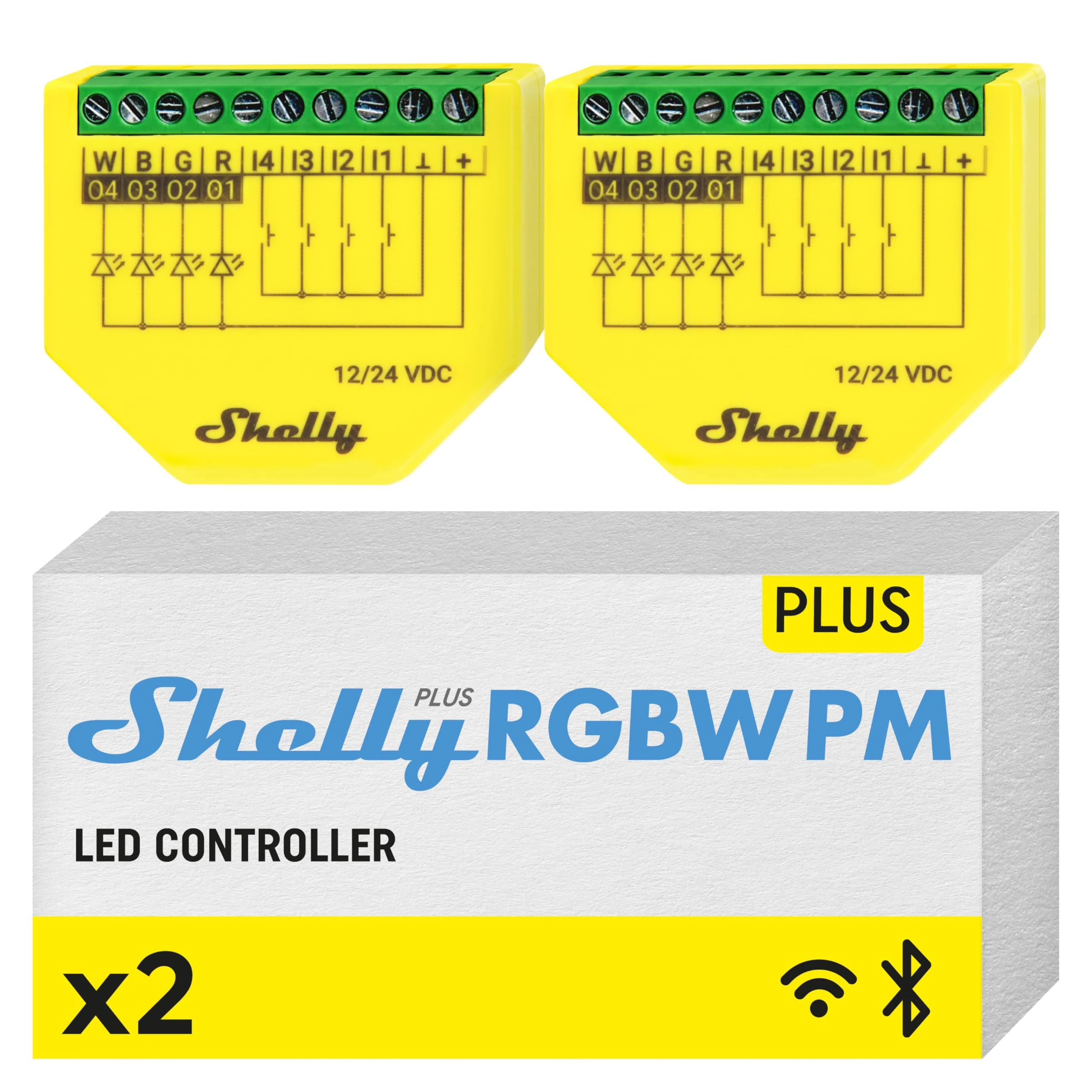 Shelly Plus RGBW PM - Wi-Fi Controller for LED Strips,12-24 VDC, 3 Lighting Profiles, Power Metering, Remote Control, Color and White Brightness, No Hub Required, Alexa & Google Home (2 Pack)