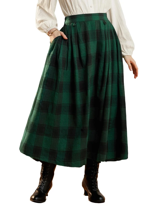 Scarlet Darkness Plaid Skirts for Women High Waist Long Skirt with Pockets, Green Plaid, L