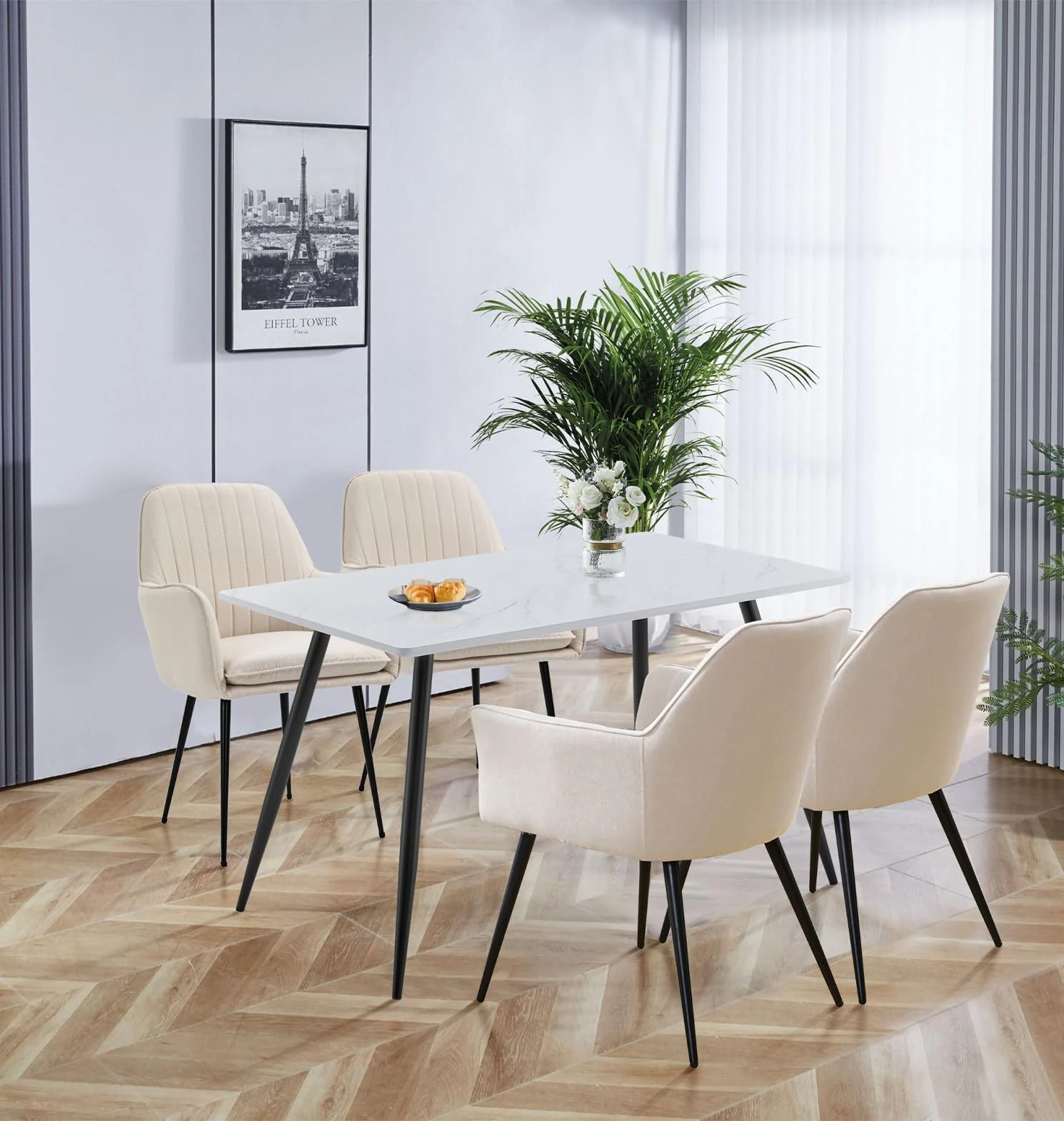 Hallowood Furniture Cullompton 4 Seater Dining Table and Chairs, 120x70cm White Marble Dining Table with Beige Fabric Chairs & Black Powder-coated Metal Legs Perfect for Home or Cafe