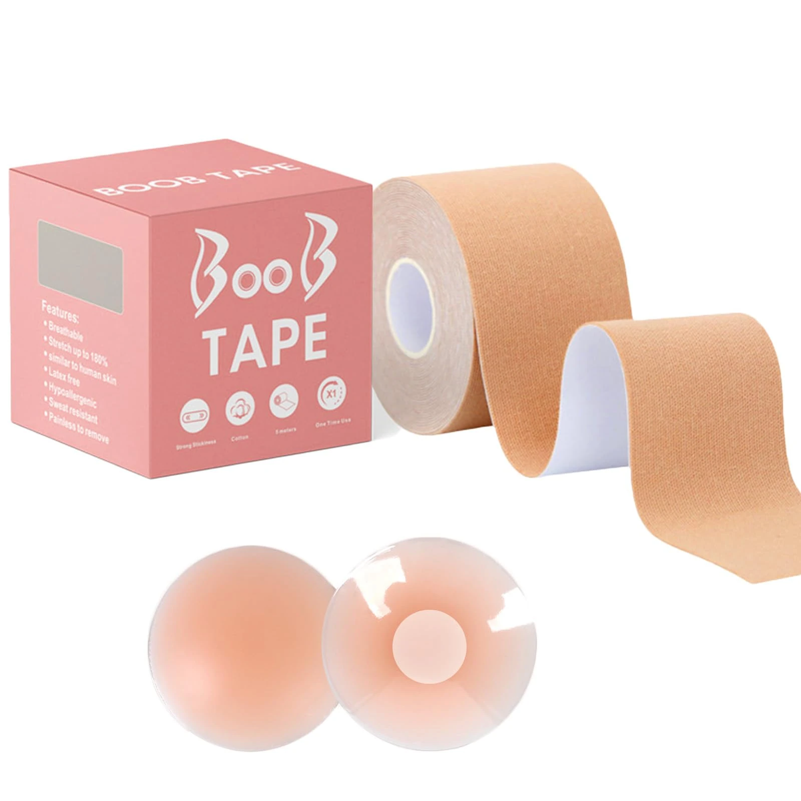 OZDEMIR Skin Boob Tape, 5cm*5M Boobtapes with 2 Reusable Nipple Covers, Breast Lift Tape, Medical Body Tape for Breasts, Breathable Skin-Friendly Tit Tape, Bob Tapes for Large Breasts