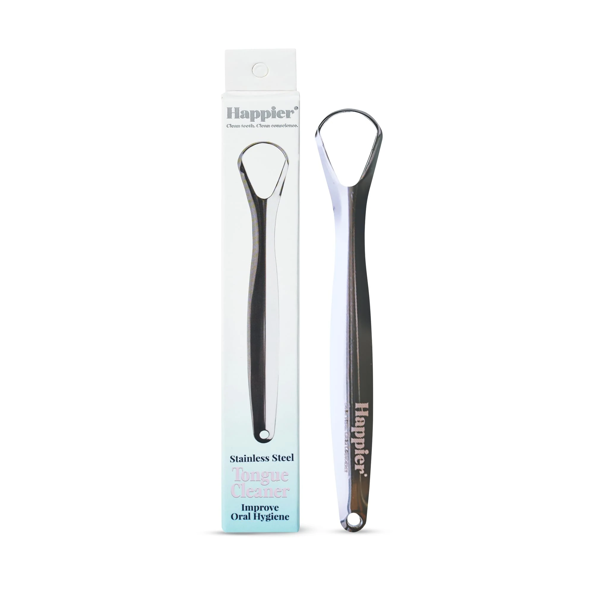 Happier Tongue Scraper - Stainless Steel Tongue Scrapers for Adults - Plastic Free Tongue Cleaner with Ergonimic Handle Restore Fresh Breath for Men and Women