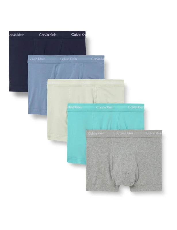 Calvin Klein Men Boxer Short Trunks Stretch Cotton Pack of 5, (Shrn Fd DNM Cel TNT Gry HTR Beau Bl), L