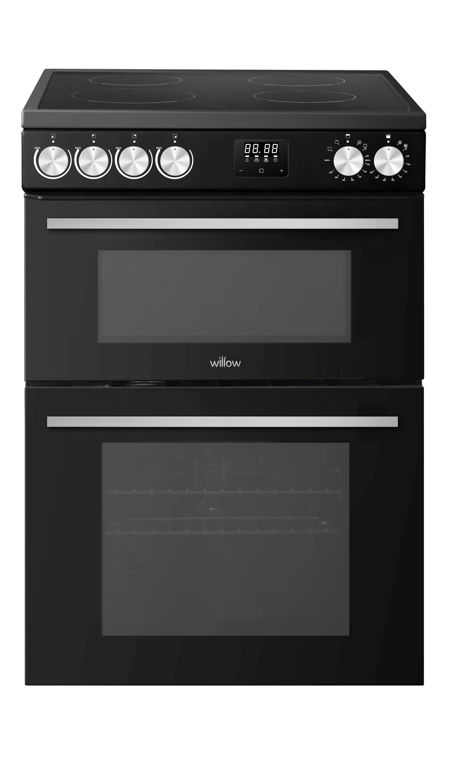 Willow WDOC60TBL 60cm Electric Double Oven Cooker with Ceramic Hob, Integrated Grill, Fan Assisted Defrost - Black