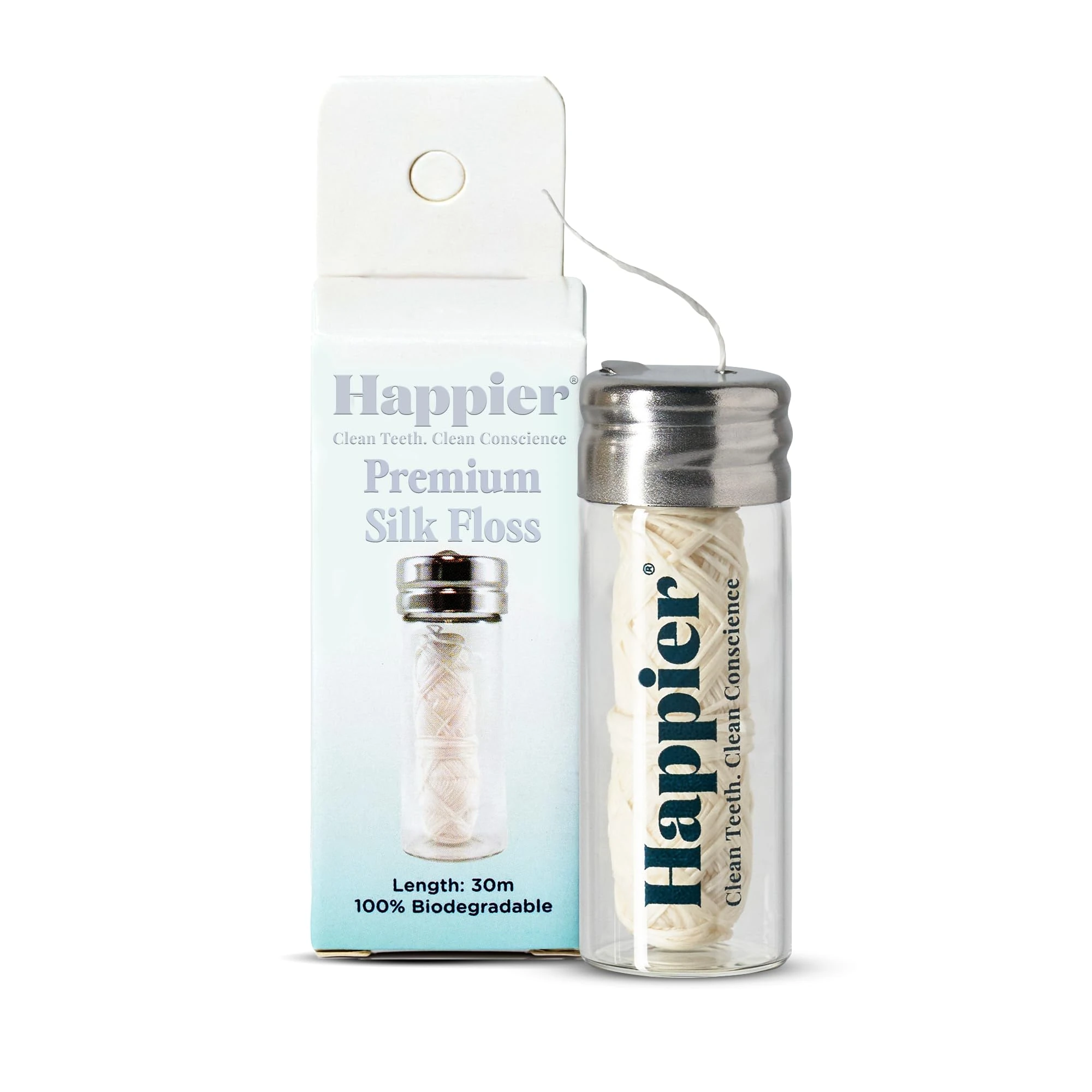 Happier Beauty Plastic Free Dental Floss - Biodegradable Silk Floss with Light Mint and Candelila Wax for Fresh Flavour and Easy Glide Feeling