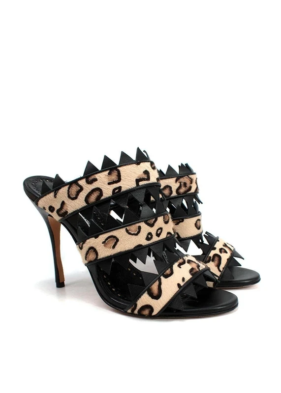 MANOLO BLAHNIK Pre-Loved Black Leopard Print Calf Hair Heeled Mules