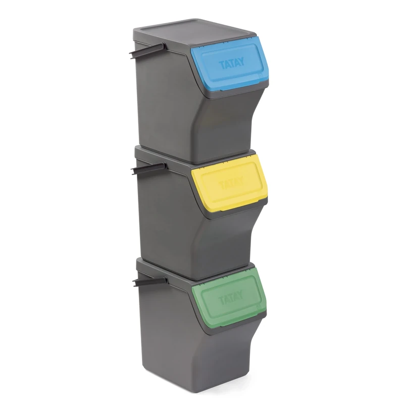 TATAY Recycling Kitchen Bin Easy Waste 20L | Set of 3 | Stackable Recycling Bins Modular Design | Click-Lid System | Integrated Carry Handle | Made from Recycled Material | 35x27x36 cm – Grey