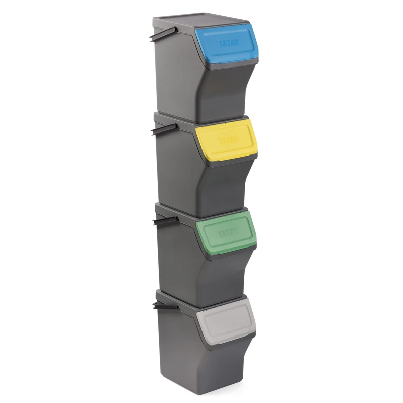 TATAY Recycling Kitchen Bin Easy Waste 20L | Set of 4 | Stackable Recycling Bins Modular Design | Click-Lid System | Integrated Carry Handle | Made from Recycled Material | 35x27x36 cm – Grey