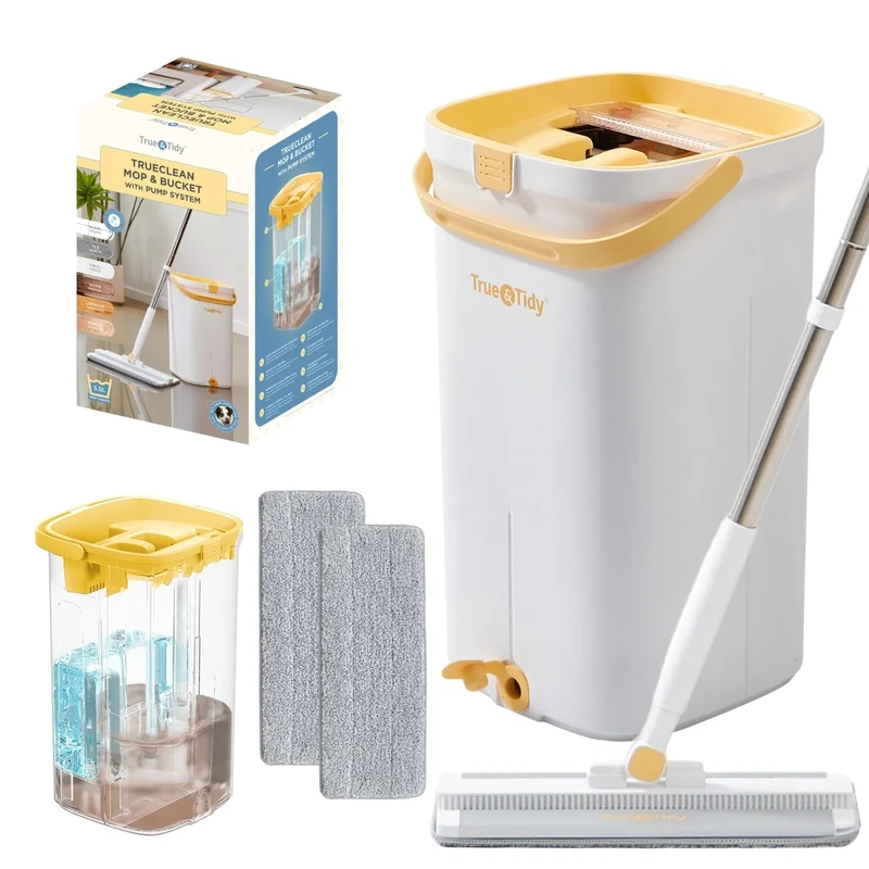 Mop and Bucket Set with Pump System for Home, Hands Free Self Cleaning with 3 Compartments to Separate Clean from Dirty Water, with 2 Machine Washable Microfiber Mop Pads, Patent Pending, in Gift Box
