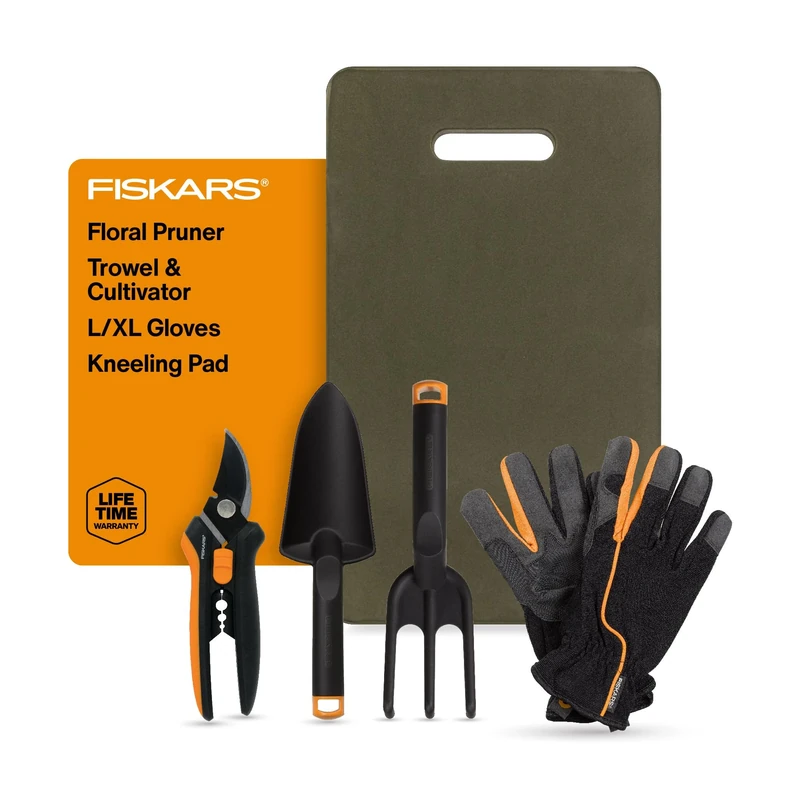 Fiskars Flower Gardening Tool Set with Floral Pruner, Trowel, Cultivator, Garden Gloves, and Ultra-Light Kneeling Cushion for Outdoor Use (5 Piece Kit)