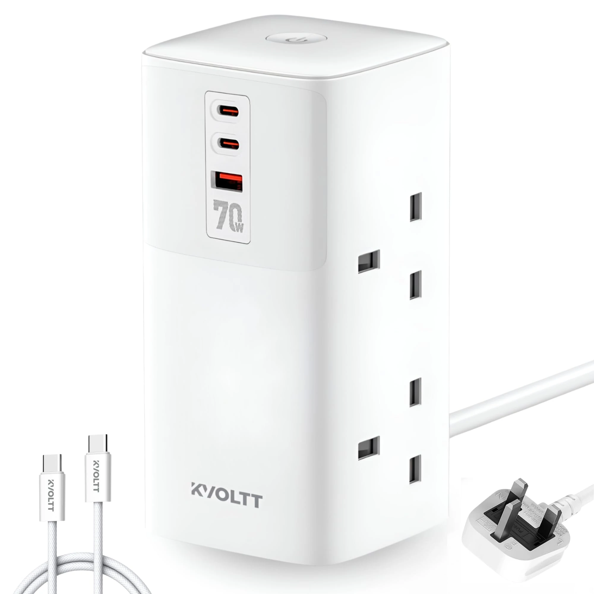 70W Tower Extension Lead with USB slots - 4 way extension lead, USB Charging Station with 4AC Sockets with 2M Power Extension Cable and 100W USB C Charger Cable For Laptop, Phones, Home or Office