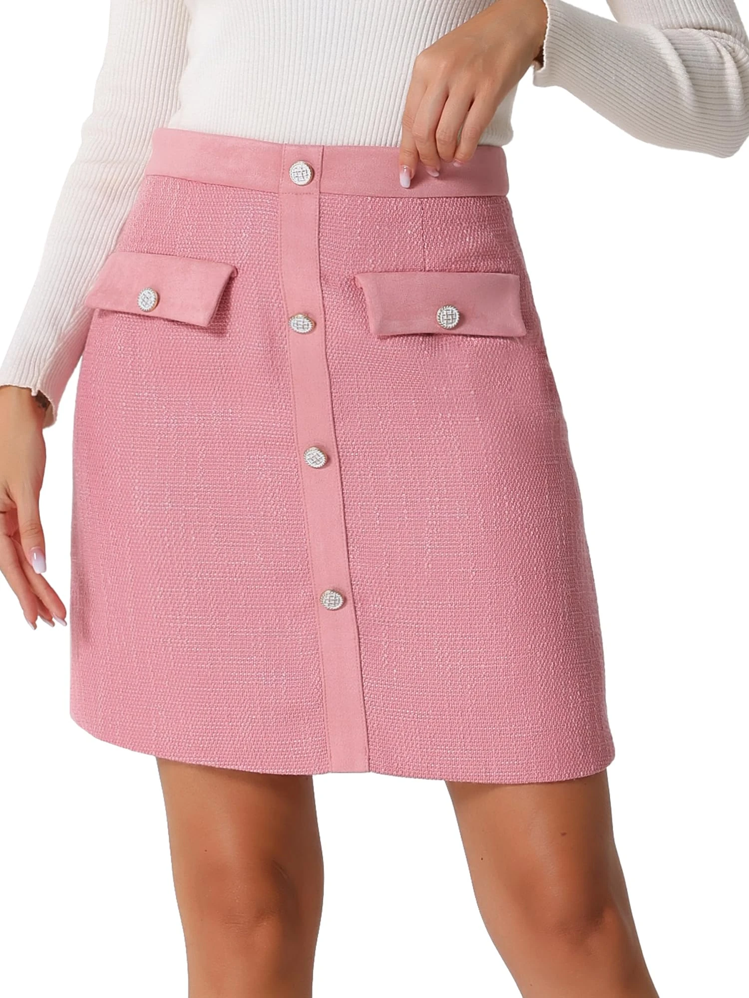 Allegra K Women's Plaid Tweed Contrast Color Button Decor Business Casual Mini Skirt, Hot Pink, S