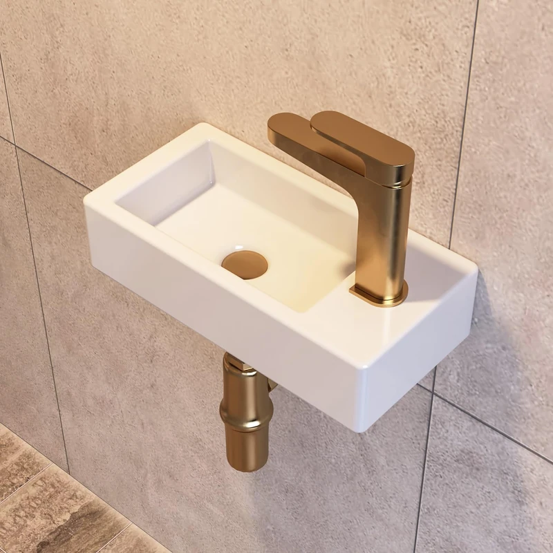 Wall Mount Bathroom Sink, DeerValley Small Rectangle Bathroom Basin, Cloakroom Ceramic Wash Basin Without Overflow - 37 x 18 x 9cm (White, Right Hand)