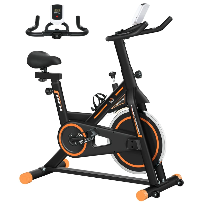 HOMCOM Exercise Bike, Indoor Stationary Bike with 8kg Flywheel, Heart Rate Sensor and LCD Monitor, Cycling Bike for Home, Gym, Office, Cardio Workout - Orange