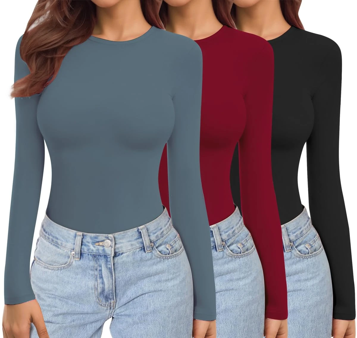 Ekouaer Womens 3 Pack Long Sleeve Tops Crew Neck Shirts Thermal Tops Set Stretch Fitted Underscrubs Layer Tee Black + Red + Navy Blue XL