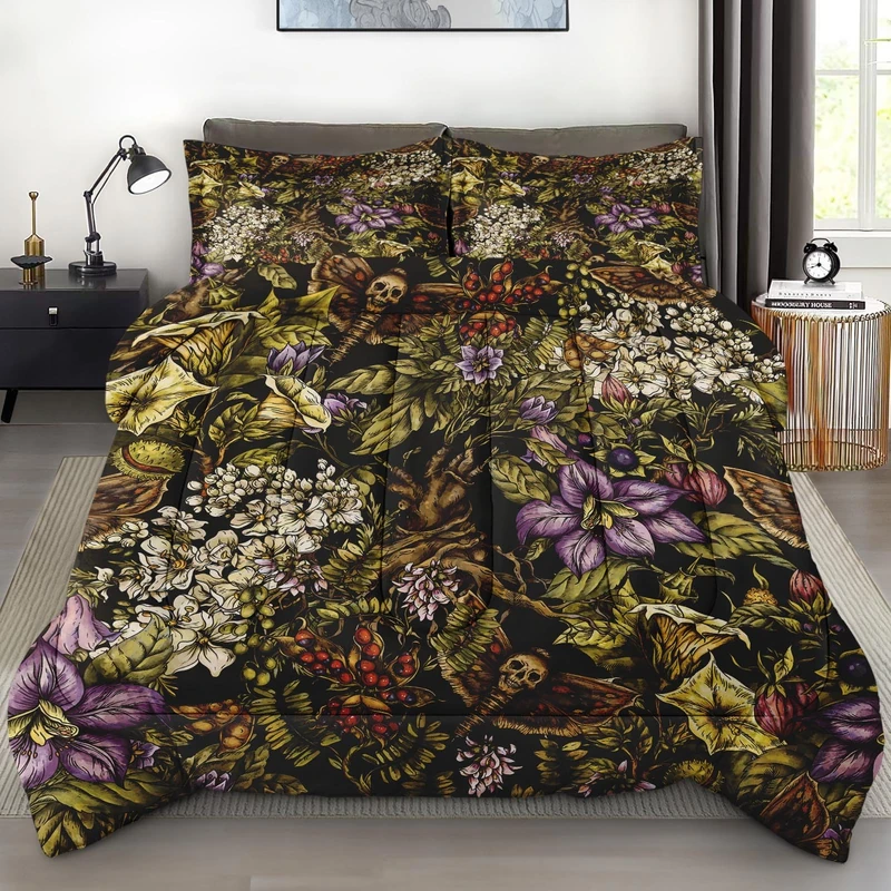 Pamnest Comforter Set King Size, Skull Moth Witch Retro Soft Bedding Set for Kids and Adults, Vintage Flower Plants Comforter Set with 2 Pillowcases, for Bedroom Bed Decor