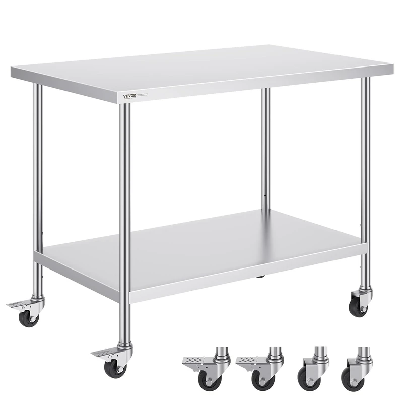 VEVOR Stainless Steel Work Table 30 x 48 x 38 Inch, with 4 Wheels, 3 Adjustable Height Levels, Heavy Duty Food Prep Worktable for Commercial Kitchen Restaurant, Silver