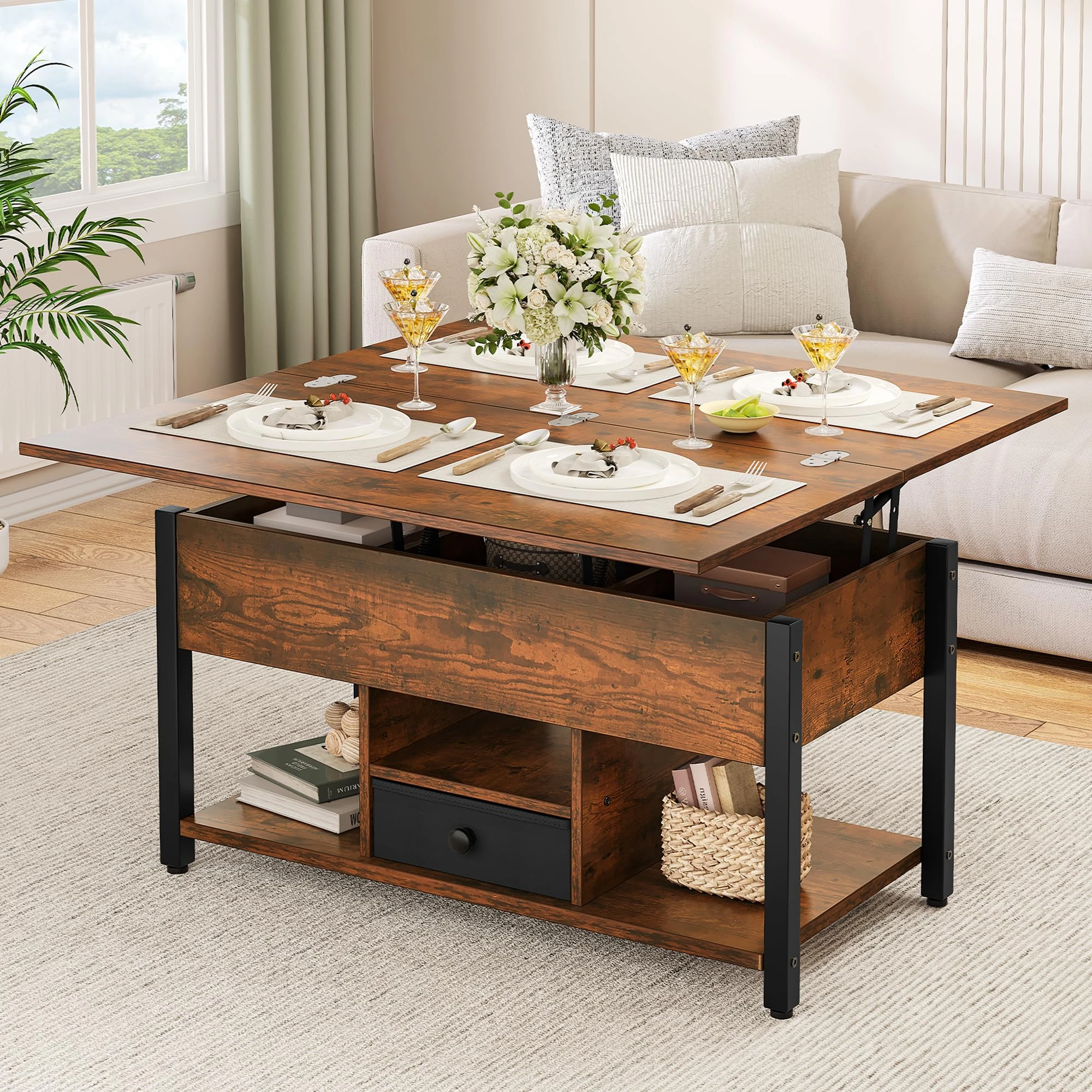 YITAHOME Lift Top Coffee Table with Drawers, 4 in 1 Multi-Function Liftable Coffee Table with Storage and Hidden Compartment, Converts to Dining Table for Living Room, Rustic Brown