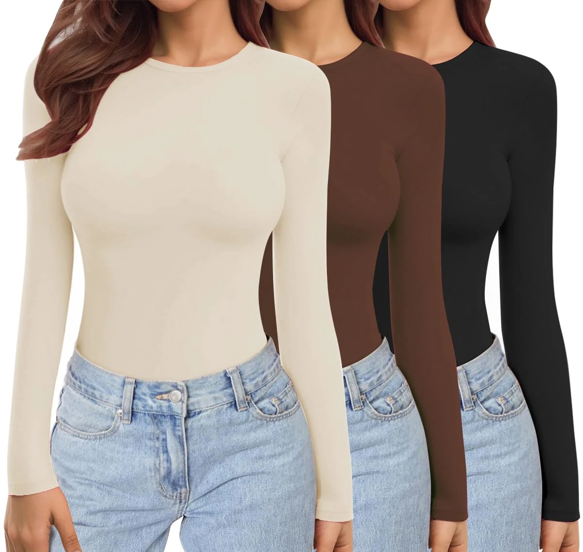 Ekouaer Womens 3 Pack Long Sleeve Tops Crew Neck Shirts Thermal Tops Set Stretch Fitted Underscrubs Layer Tee Black + Brown + Beige M