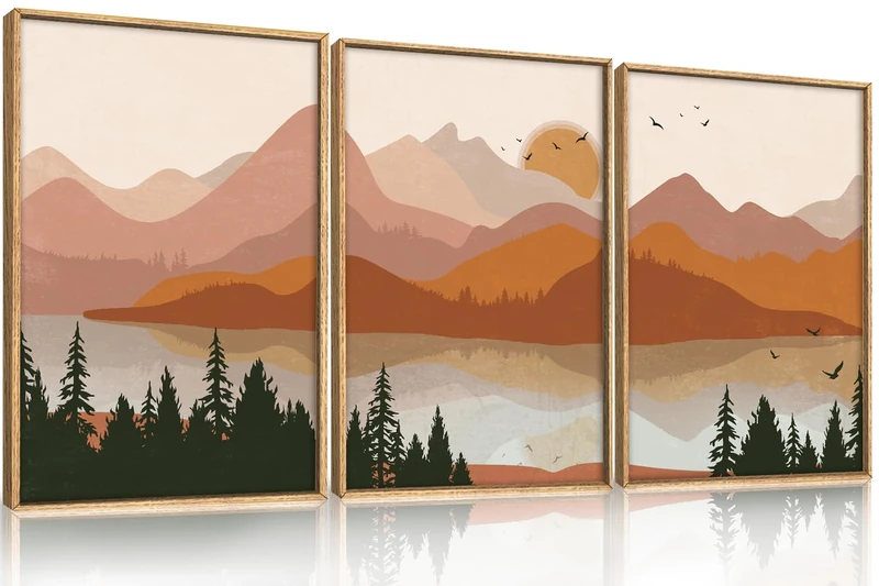 HLNIUC Boho Mountain Burnt Orange Wall Art Framed, Mid Century Modern Terracotta Wall Decor 24x36, Southwest Sunset 3 Piece Canvas Painting, Large Nature Picture for Living Room, Bedroom, Office