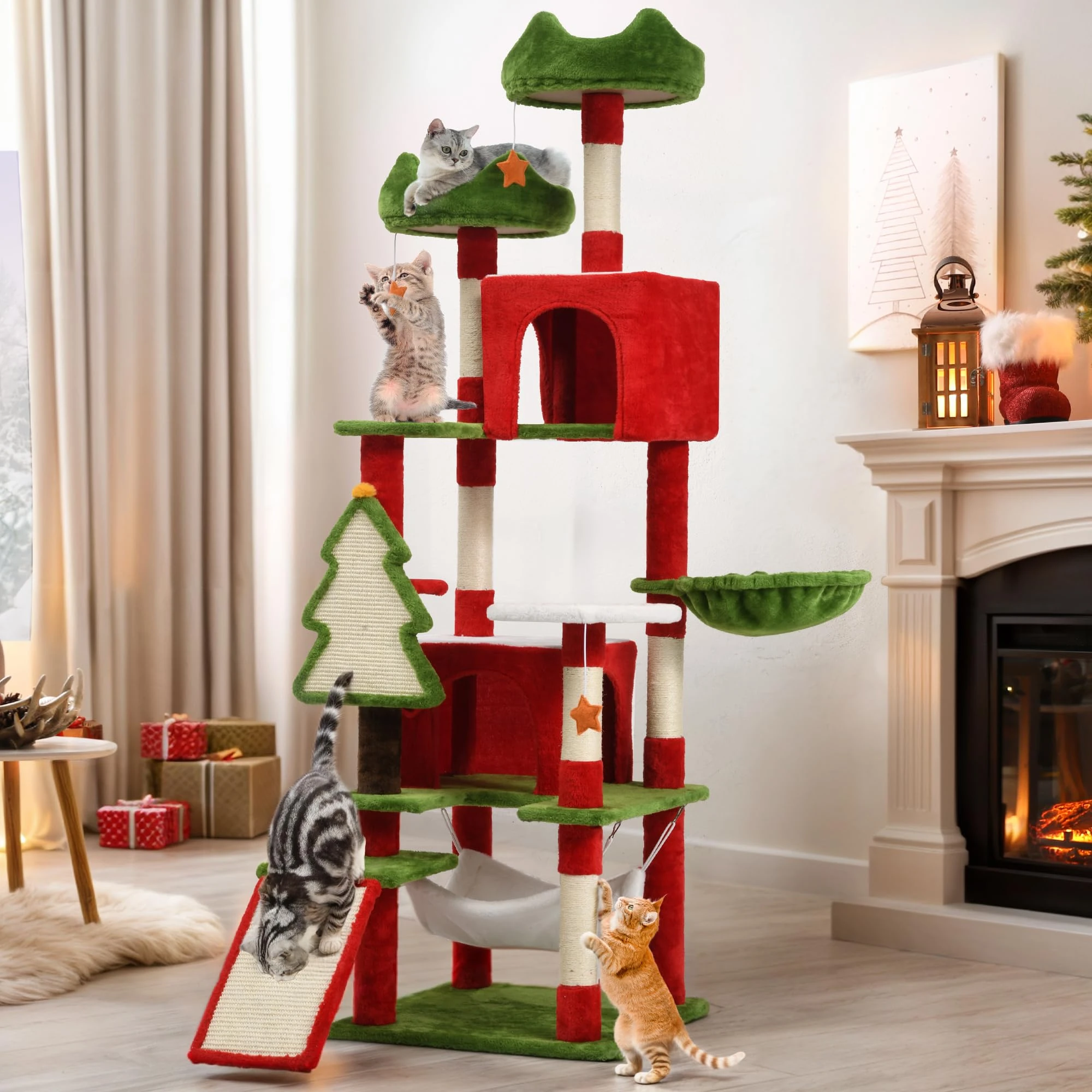 YITAHOME Christmas Cat Tree Tower for Indoor Cats, 190cm Multi-Level Cat Climbing Tower with Cat Condos, Top Perches, Hammock, Sisal Scratching Posts and Board, Kittens Play Activity Center